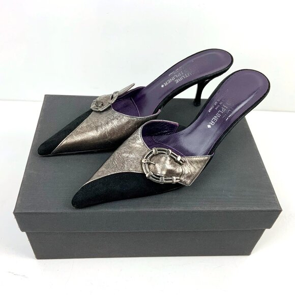 Donald J. Pliner Couture Leather Black/Silver Heels Mules Sz 8.5M - Picture 1 of 16